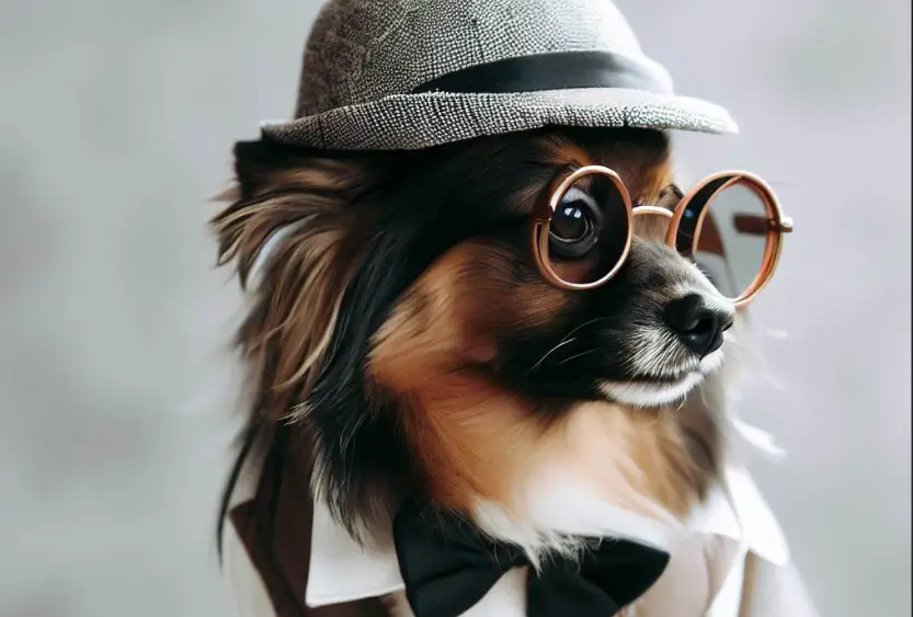 cão com roupas, óculos e gravata